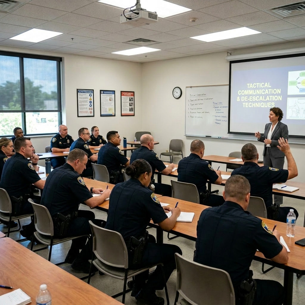 Police officers in uniform seated in classroom learning tactical communication and de-escalation